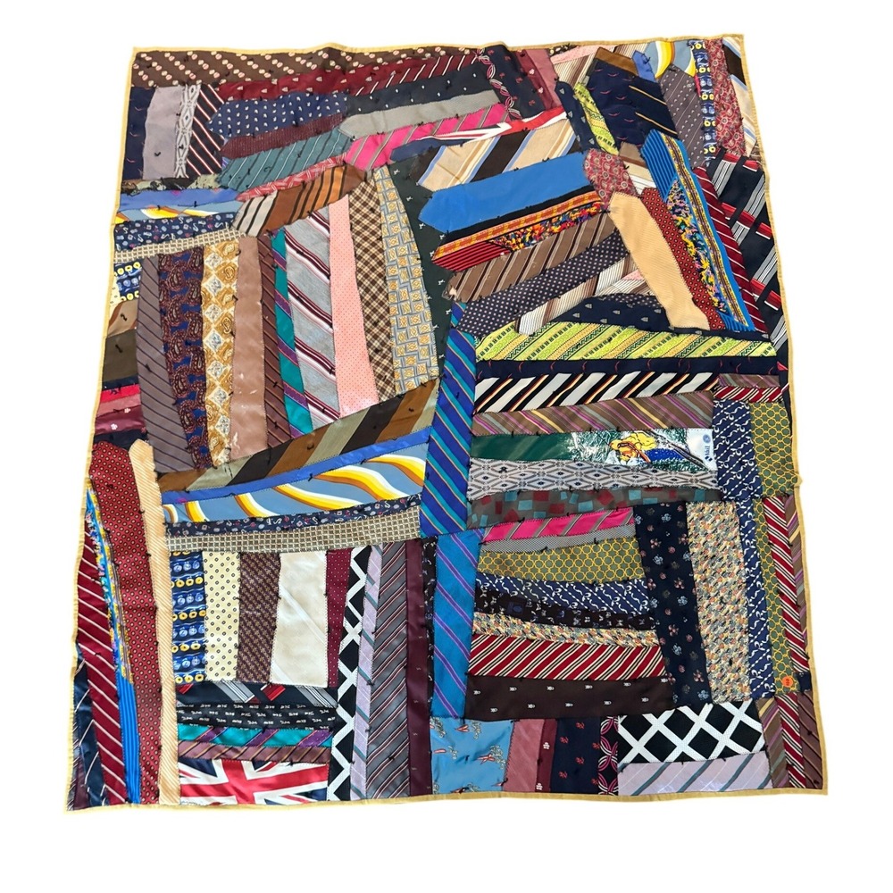 Vintage Handmade Silk Necktie Patchwork Quilt Gucci Designer Labels 63x54